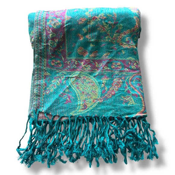 Pashmina Silk Blend Fringed Vibrant Aqua Fuchsia Paisley Scarf Shawl Wrap - Picture 4 of 11